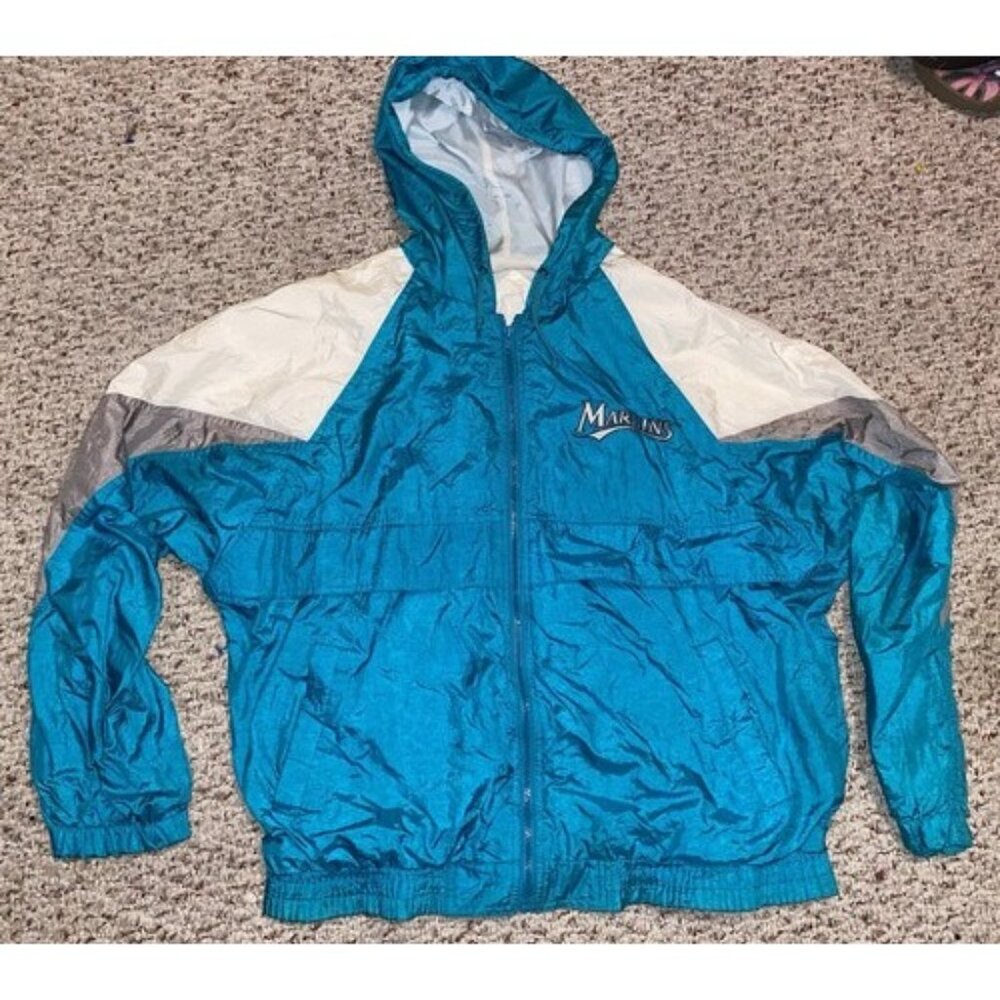 Vintage 90s MLB General Merchandise Florida Marlins Mens Full Zip Hooded Jacket